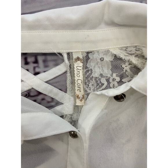 Uno Core Sheer Top Womens S Floral Lace Lattice Back Short Sleeves Collar White - Picture 5 of 10